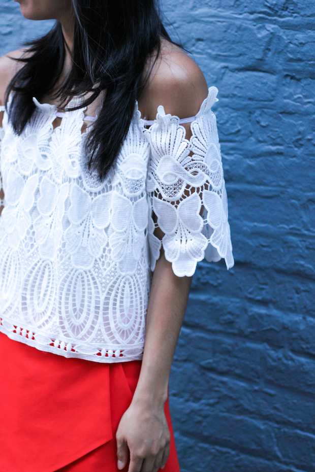 off the shoulder, white blouse, lace, skort, proenza schouler, gigi new york clutch, christine petric, the view from 5 ft. 2