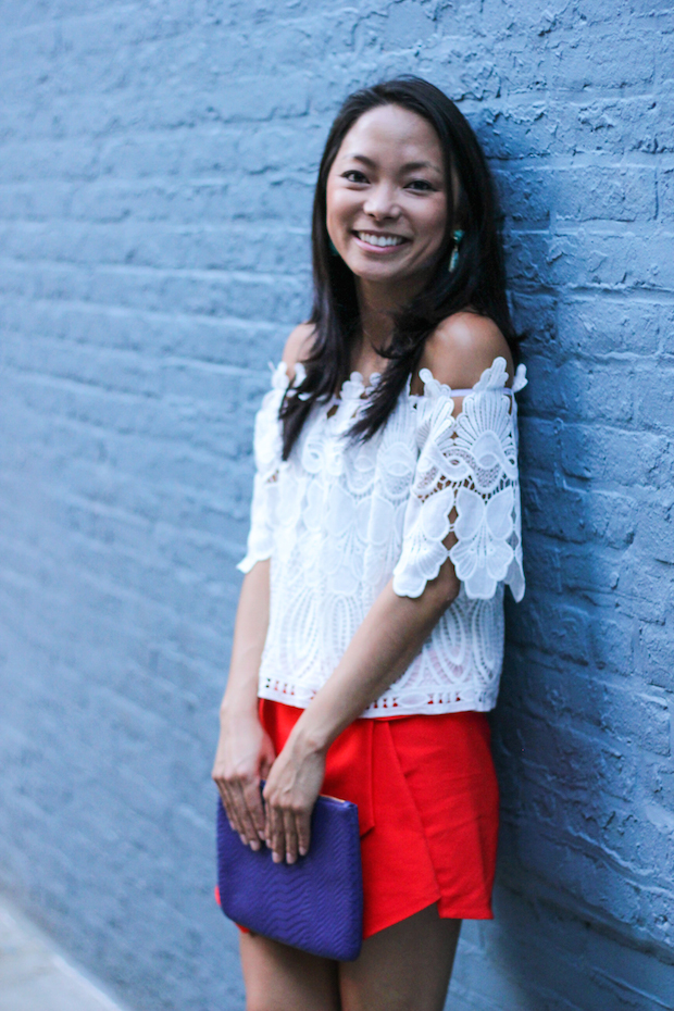 off the shoulder, white blouse, lace, skort, proenza schouler, gigi new york clutch, christine petric, the view from 5 ft. 2