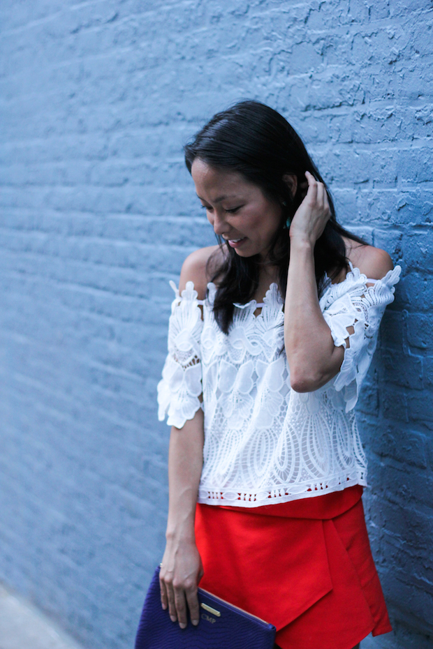 off the shoulder, white blouse, lace, skort, proenza schouler, gigi new york clutch, christine petric, the view from 5 ft. 2