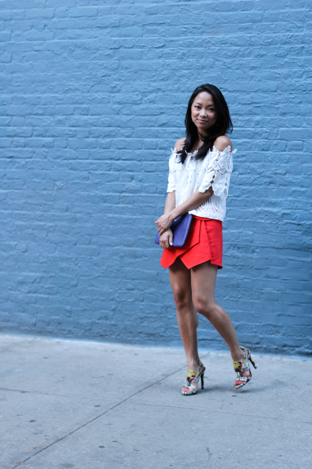 off the shoulder, white blouse, lace, skort, proenza schouler, gigi new york clutch, christine petric, the view from 5 ft. 2