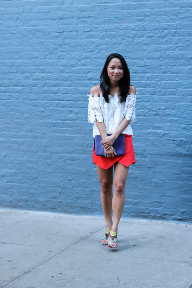 off the shoulder, white blouse, lace, skort, proenza schouler, gigi new york clutch, christine petric, the view from 5 ft. 2