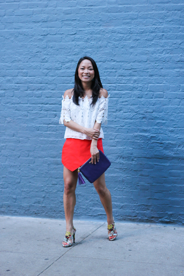 off the shoulder, white blouse, lace, skort, proenza schouler, gigi new york clutch, christine petric, the view from 5 ft. 2