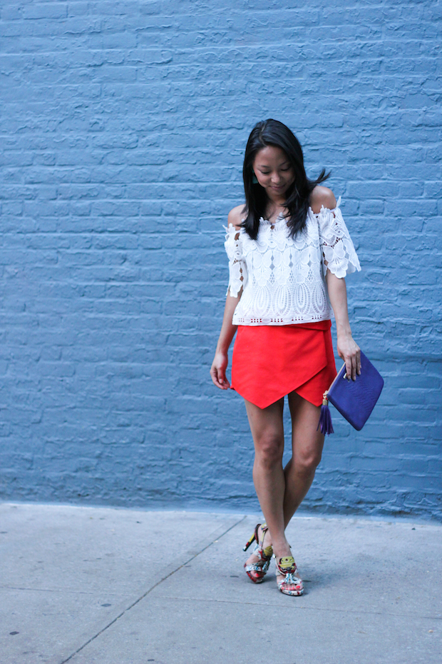 off the shoulder, white blouse, lace, skort, proenza schouler, gigi new york clutch, christine petric, the view from 5 ft. 2