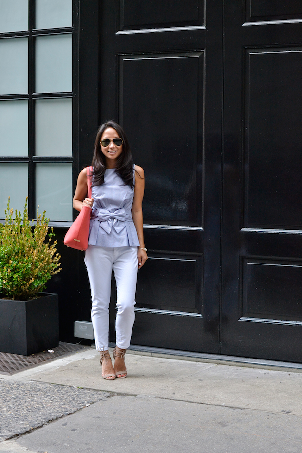 kate spade, peplum bow top, white jeans, gigi new york, mini taylor tote, christine petric, the view from 5 ft. 2