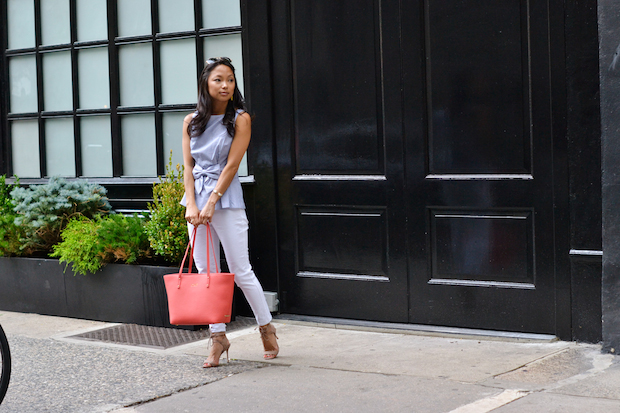 kate spade, peplum bow top, white jeans, gigi new york, mini taylor tote, christine petric, the view from 5 ft. 2