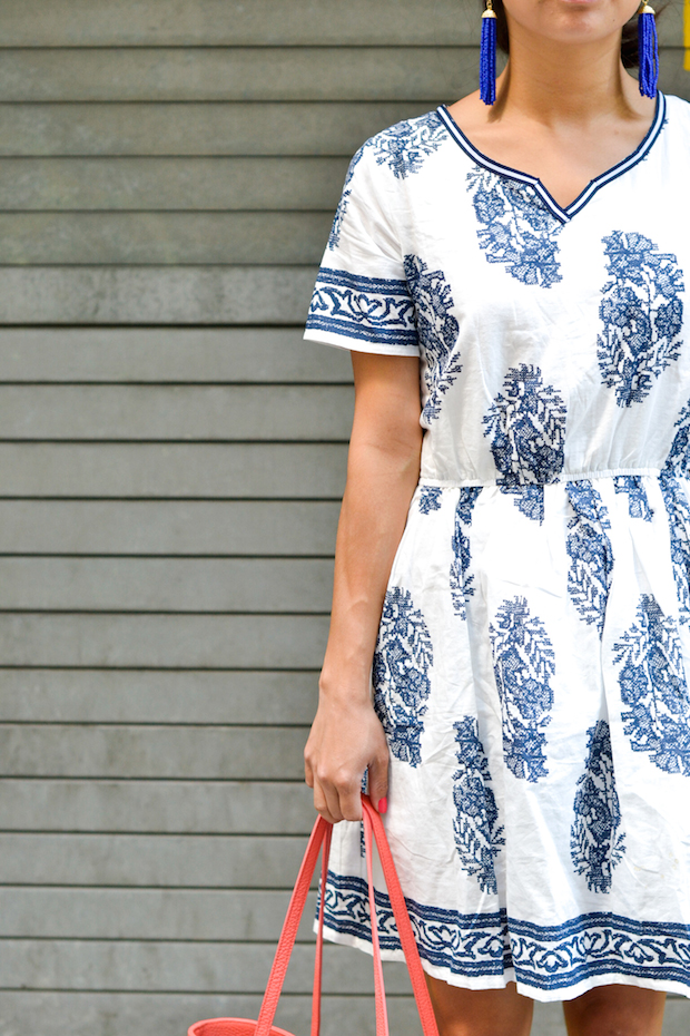 chicwish blue floral dress, porcelain print, dolce vita wedges, gigi new york mini taylor, christine petric, the view from 5 ft. 2