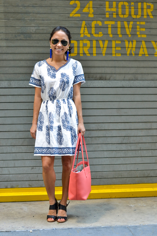 chicwish blue floral dress, porcelain print, dolce vita wedges, gigi new york mini taylor, christine petric, the view from 5 ft. 2