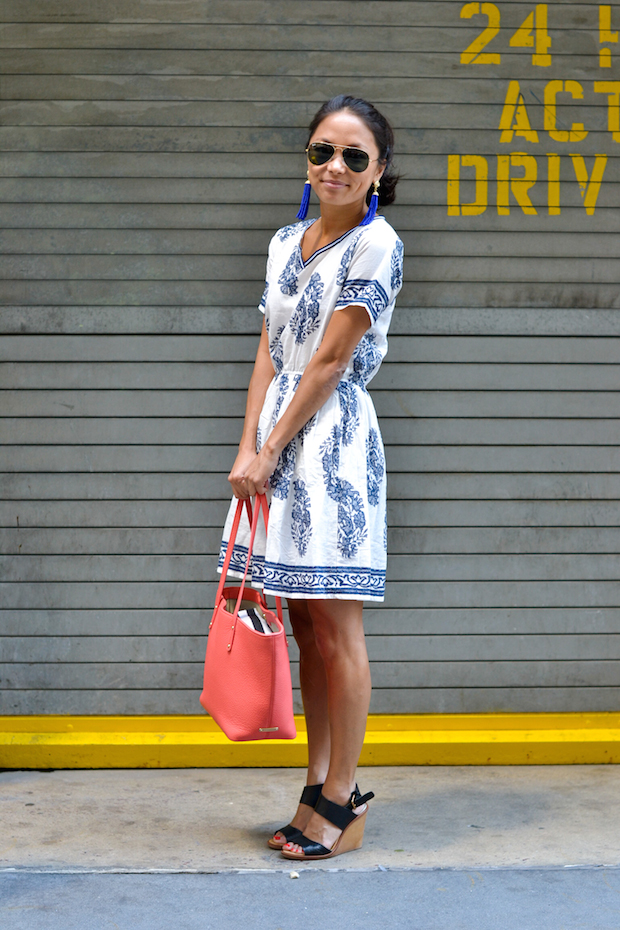 chicwish blue floral dress, porcelain print, dolce vita wedges, gigi new york mini taylor, christine petric, the view from 5 ft. 2