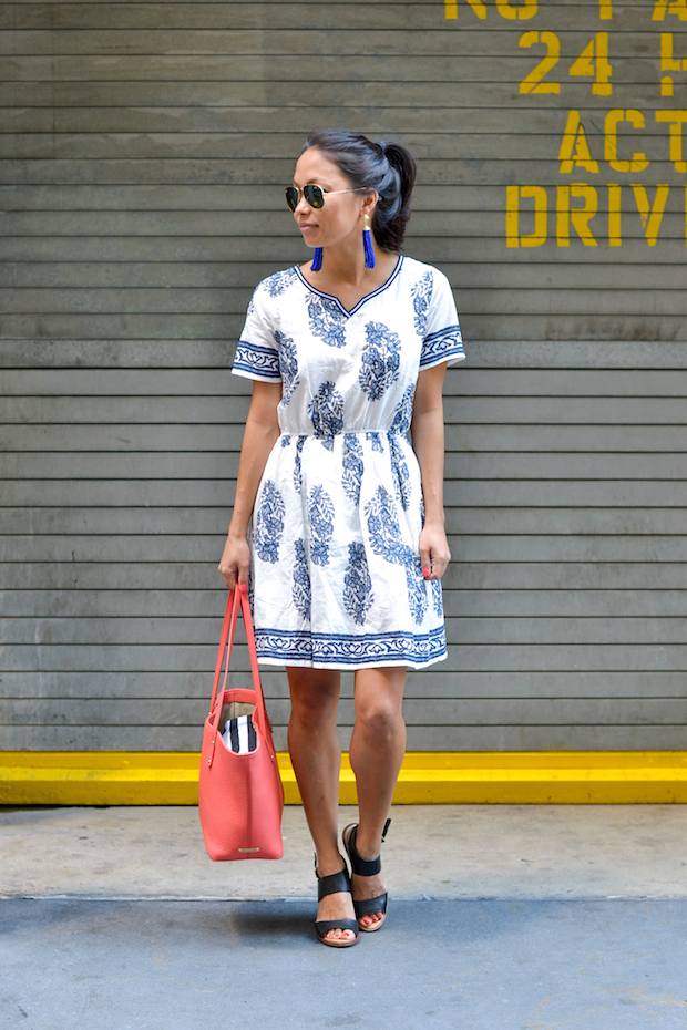 chicwish blue floral dress, porcelain print, dolce vita wedges, gigi new york mini taylor, christine petric, the view from 5 ft. 2