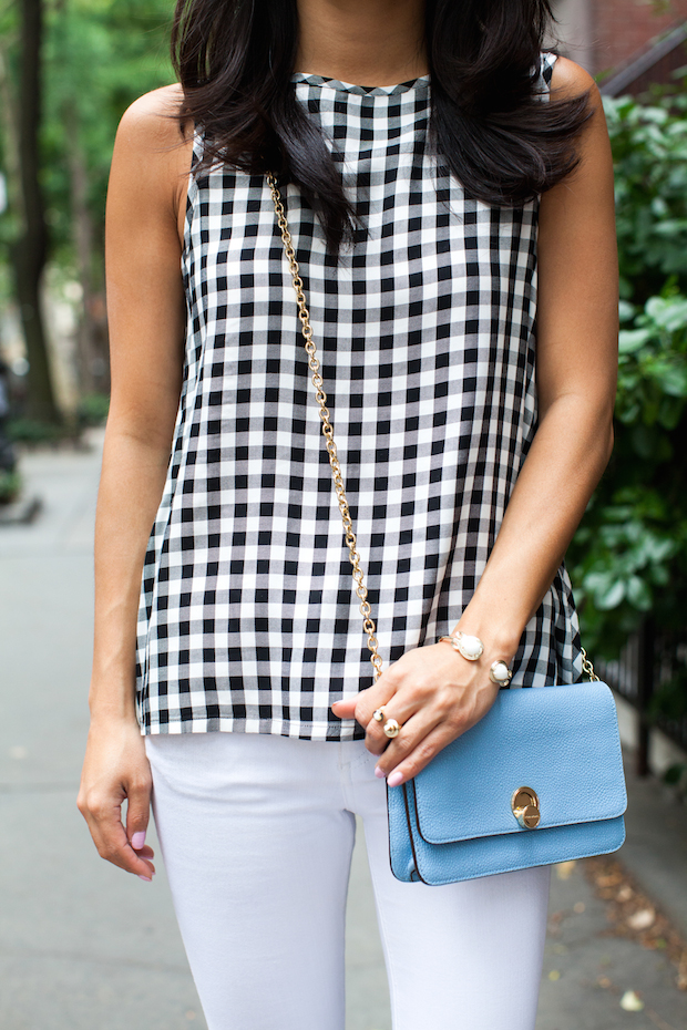 gingham top, rag and bone, white jeans, henri bendel, christine petric, the view from 5 ft. 2