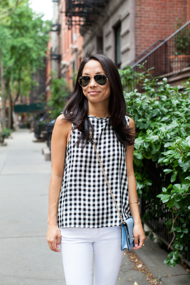 gingham top, rag and bone, white jeans, henri bendel, christine petric, the view from 5 ft. 2