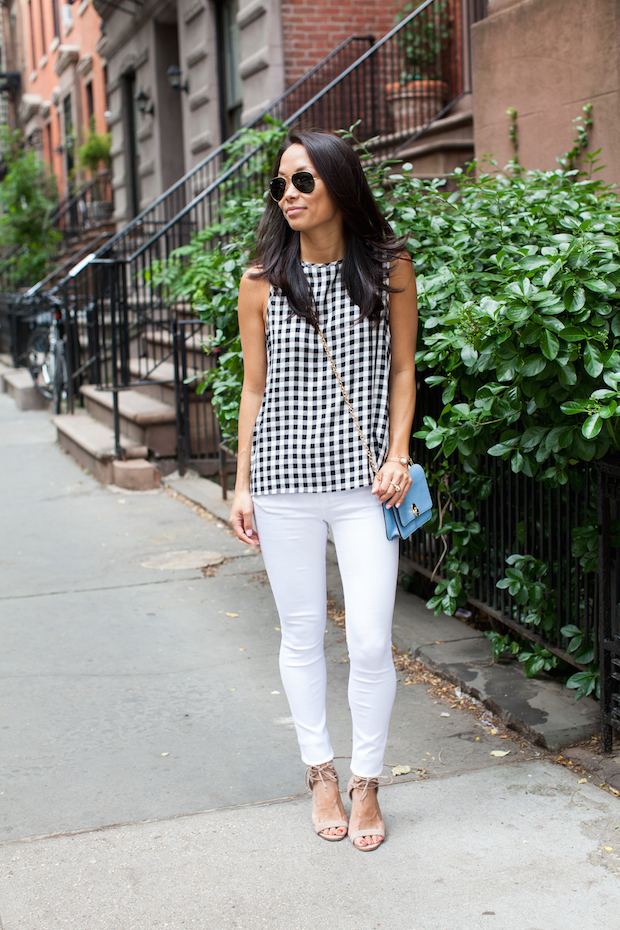 gingham top, rag and bone, white jeans, henri bendel, christine petric, the view from 5 ft. 2