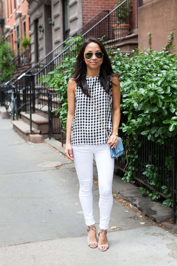 gingham top, rag and bone, white jeans, henri bendel, christine petric, the view from 5 ft. 2