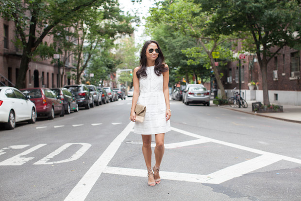 white eyelet dress, loft, henri bendel, straw clutch, christine petric, the view from 5 ft. 2