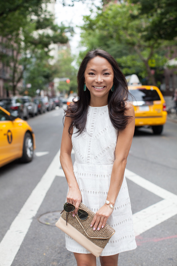 white eyelet dress, loft, henri bendel, straw clutch, christine petric, the view from 5 ft. 2