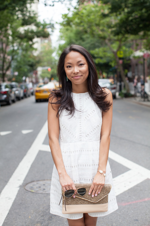 white eyelet dress, loft, henri bendel, straw clutch, christine petric, the view from 5 ft. 2