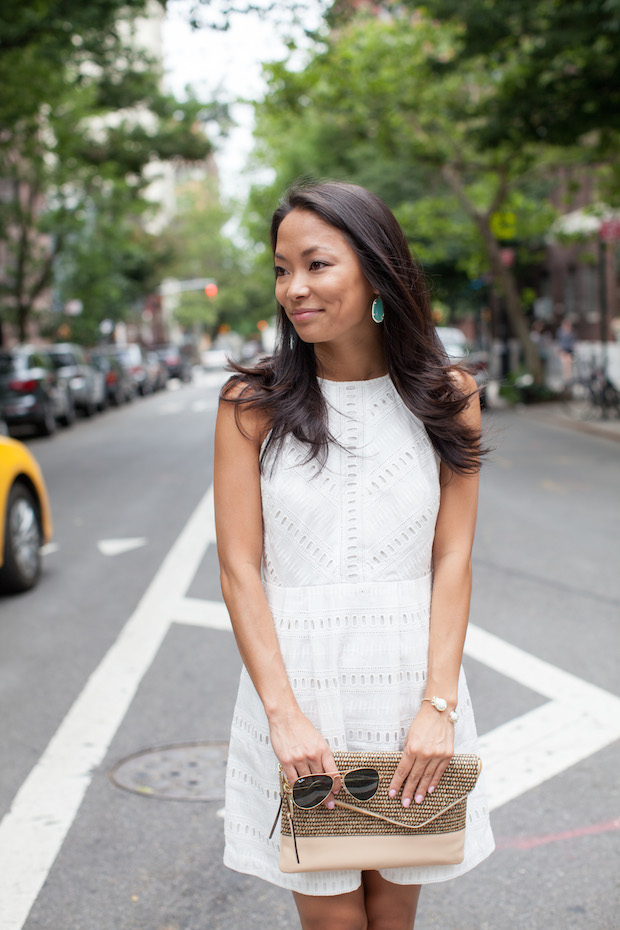 white eyelet dress, loft, henri bendel, straw clutch, christine petric, the view from 5 ft. 2