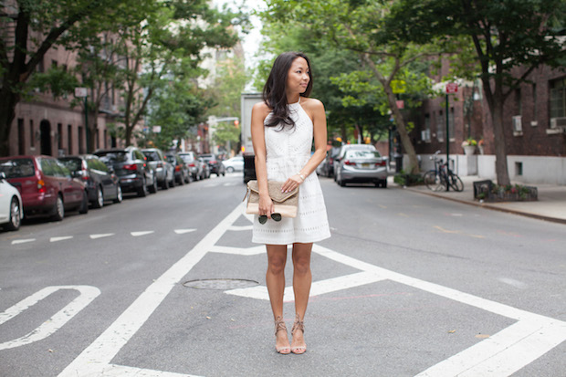 white eyelet dress, loft, henri bendel, straw clutch, christine petric, the view from 5 ft. 2