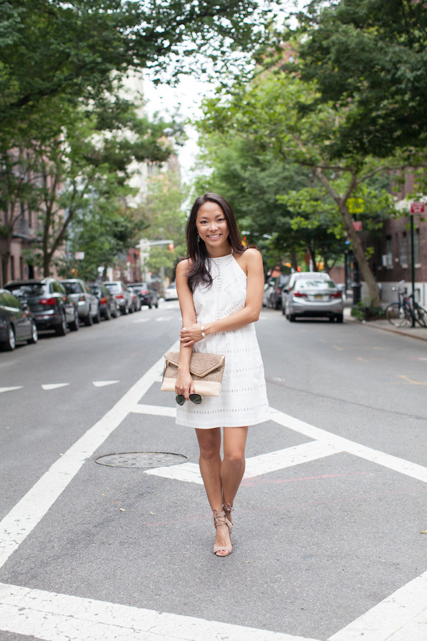 white eyelet dress, loft, henri bendel, straw clutch, christine petric, the view from 5 ft. 2