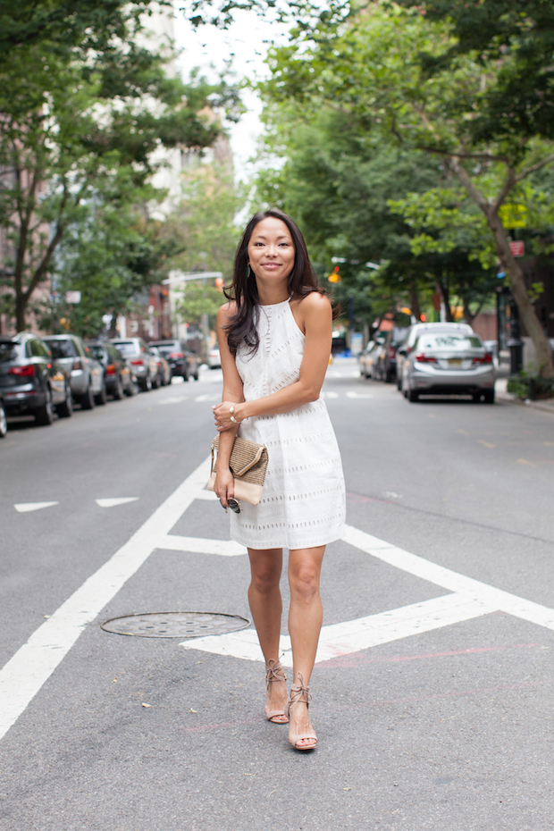 white eyelet dress, loft, henri bendel, straw clutch, christine petric, the view from 5 ft. 2