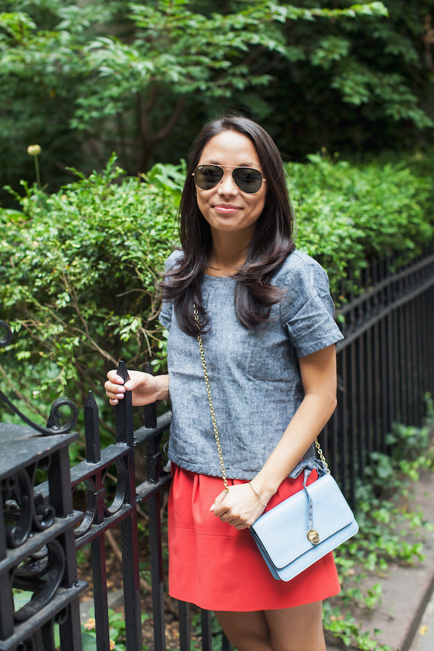 madewell chambray top, superga sneakers, henri bendel carlyle, christine petric, the view from 5 ft. 2