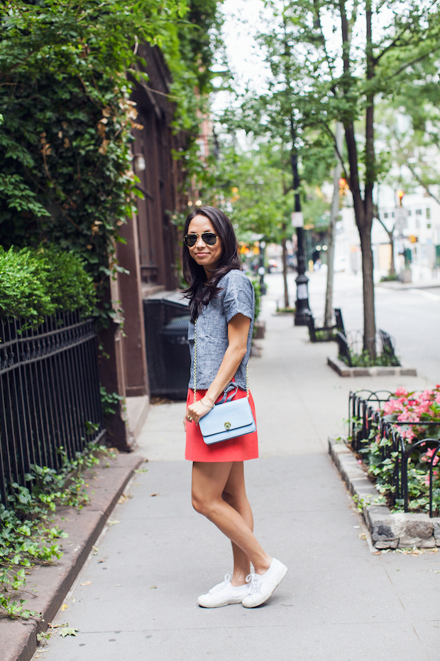 madewell chambray top, superga sneakers, henri bendel carlyle, christine petric, the view from 5 ft. 2