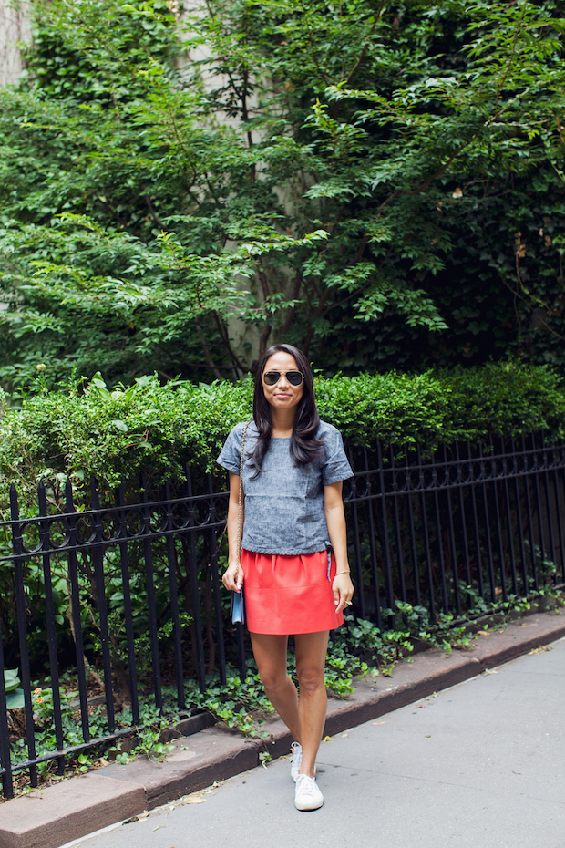 madewell chambray top, superga sneakers, henri bendel carlyle, christine petric, the view from 5 ft. 2