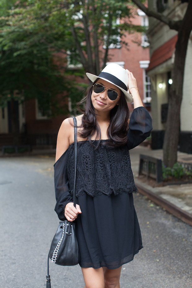 off the shoulder dress, feeling parisian, panama hat, pointed toe flats, isabella fiore, christine petric, the view from 5 ft. 2