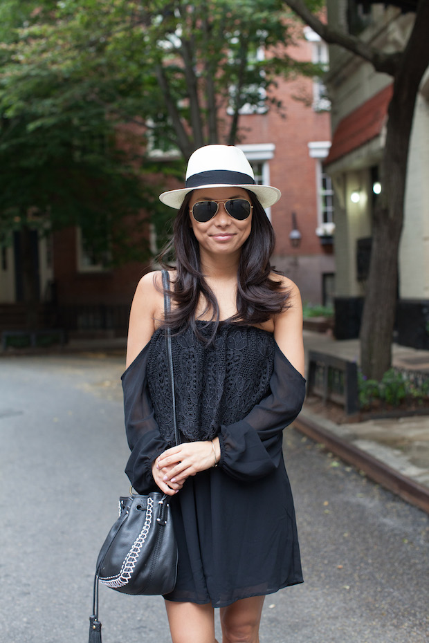 off the shoulder dress, feeling parisian, panama hat, pointed toe flats, isabella fiore, christine petric, the view from 5 ft. 2