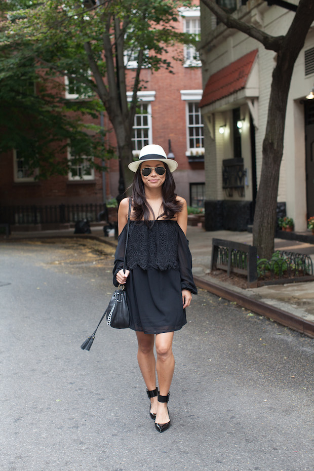off the shoulder dress, feeling parisian, panama hat, pointed toe flats, isabella fiore, christine petric, the view from 5 ft. 2