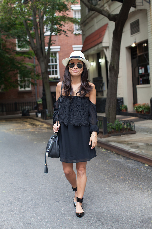 off the shoulder dress, feeling parisian, panama hat, pointed toe flats, isabella fiore, christine petric, the view from 5 ft. 2