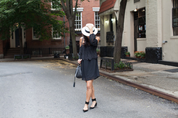 off the shoulder dress, feeling parisian, panama hat, pointed toe flats, isabella fiore, christine petric, the view from 5 ft. 2