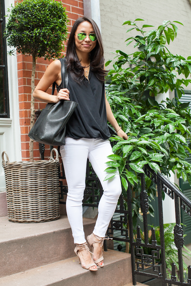 white jeans, rag and bone jeans, pleione blouse, nordstrom skinny jeans, ray ban, christine petric, the view from 5 ft. 2