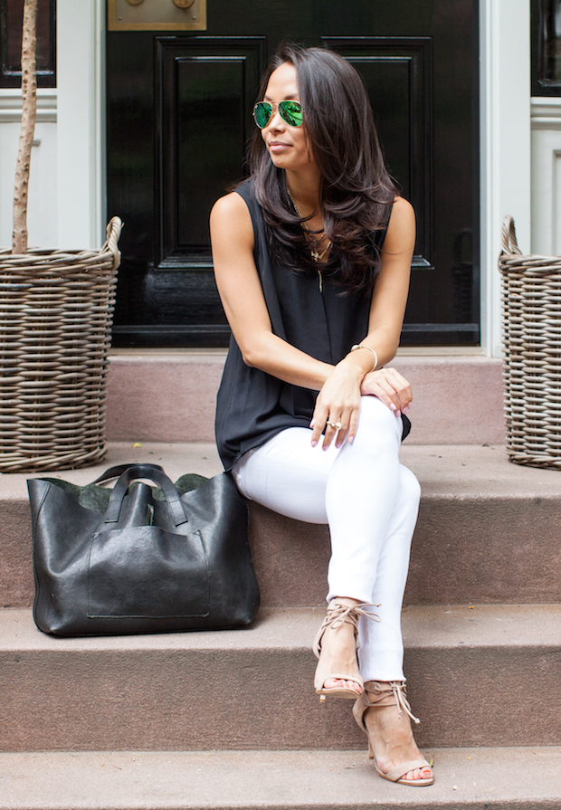 white jeans, rag and bone jeans, pleione blouse, nordstrom skinny jeans, ray ban, christine petric, the view from 5 ft. 2