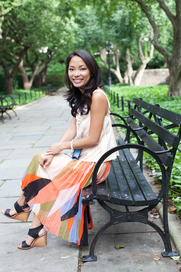 pleated color block skirt, anthropologie, petites, chevron midi top, wedding shower, christine petric, the view from 5 ft. 2 