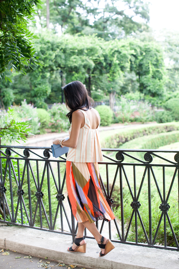 pleated color block skirt, anthropologie, petites, chevron midi top, wedding shower, christine petric, the view from 5 ft. 2 