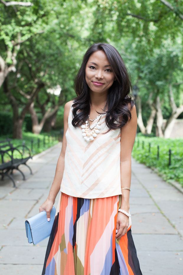 pleated color block skirt, anthropologie, petites, chevron midi top, wedding shower, christine petric, the view from 5 ft. 2 