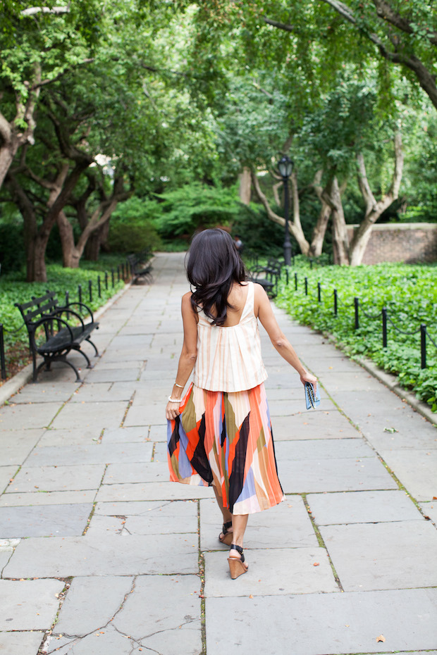 pleated color block skirt, anthropologie, petites, chevron midi top, wedding shower, christine petric, the view from 5 ft. 2 