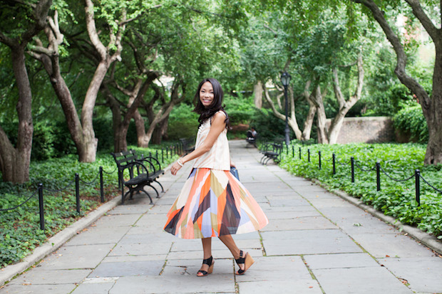 pleated color block skirt, anthropologie, petites, chevron midi top, wedding shower, christine petric, the view from 5 ft. 2 