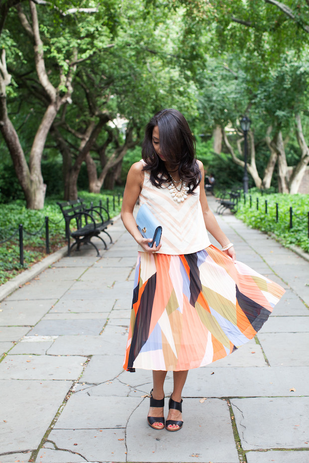 pleated color block skirt, anthropologie, petites, chevron midi top, wedding shower, christine petric, the view from 5 ft. 2 