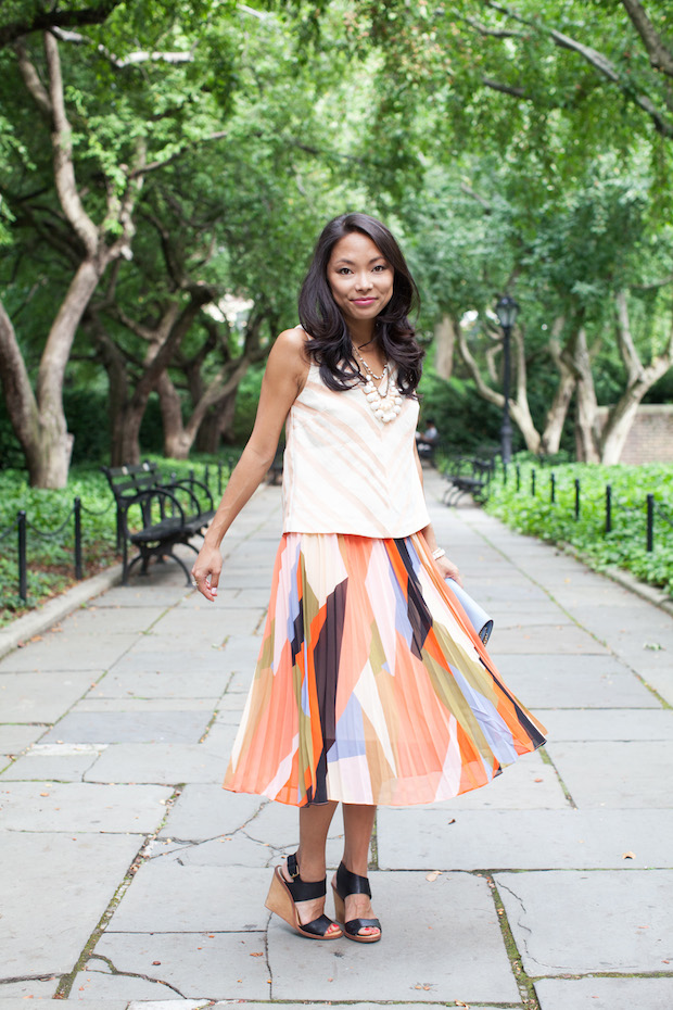 pleated color block skirt, anthropologie, petites, chevron midi top, wedding shower, christine petric, the view from 5 ft. 2 