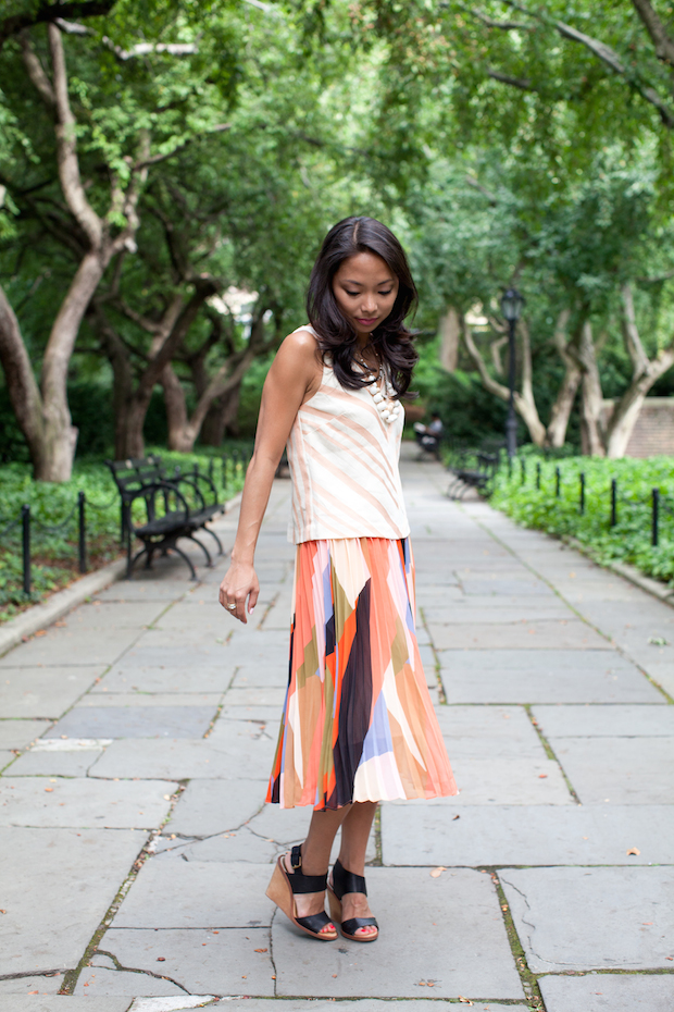 pleated color block skirt, anthropologie, petites, chevron midi top, wedding shower, christine petric, the view from 5 ft. 2 