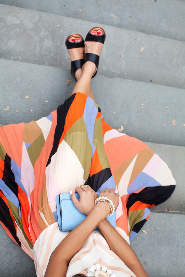 pleated color block skirt, anthropologie, petites, chevron midi top, wedding shower, christine petric, the view from 5 ft. 2 