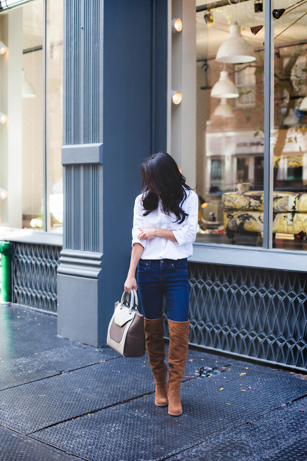 fall basics, fall essentials, white blouse, over the knee boots, christine petric, the view from 5 ft. 2, danielle nicole handbags