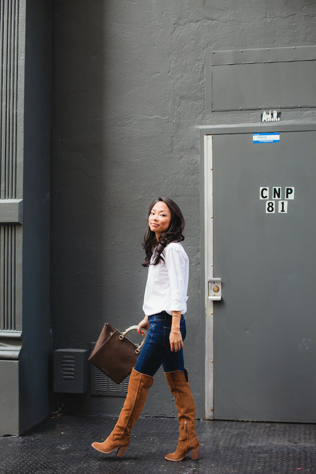 fall basics, fall essentials, white blouse, over the knee boots, christine petric, the view from 5 ft. 2, danielle nicole handbags