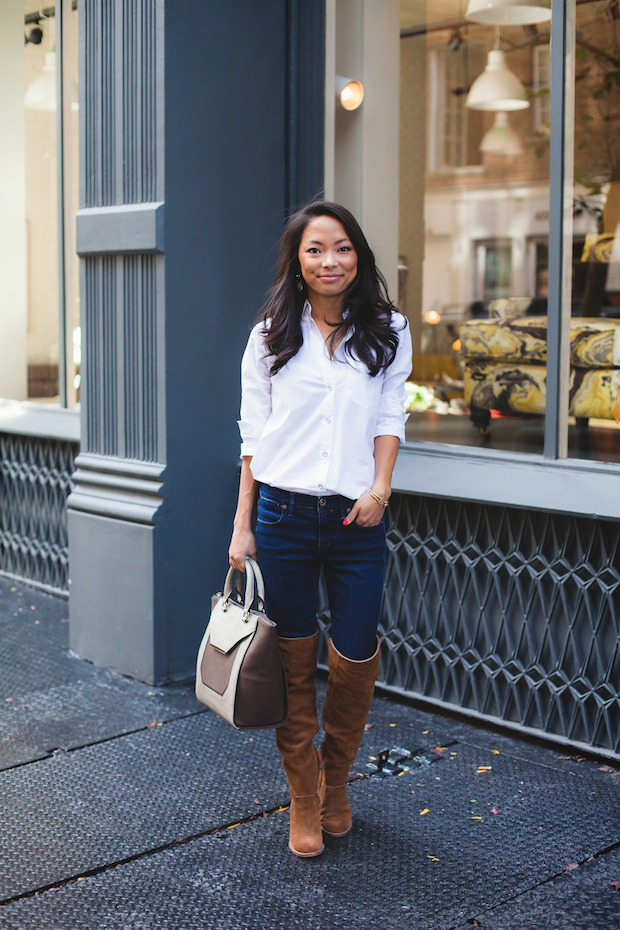 fall basics, fall essentials, white blouse, over the knee boots, christine petric, the view from 5 ft. 2, danielle nicole handbags