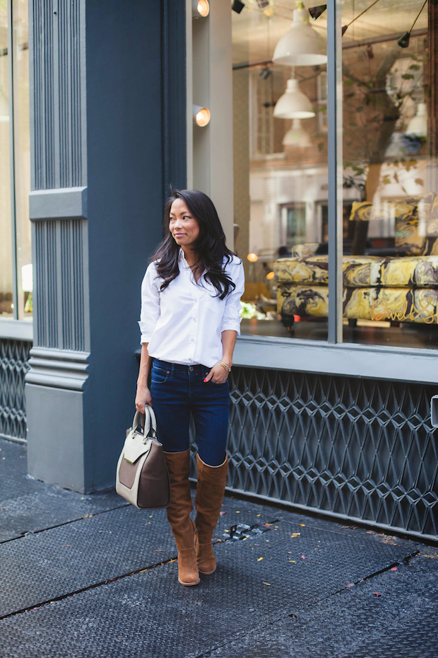 fall basics, fall essentials, white blouse, over the knee boots, christine petric, the view from 5 ft. 2, danielle nicole handbags