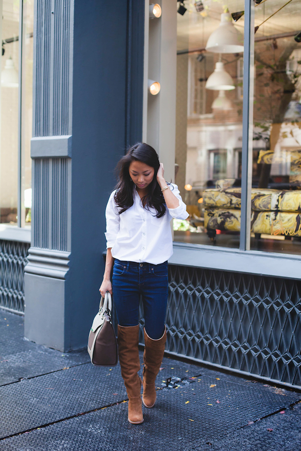 fall basics, fall essentials, white blouse, over the knee boots, christine petric, the view from 5 ft. 2, danielle nicole handbags