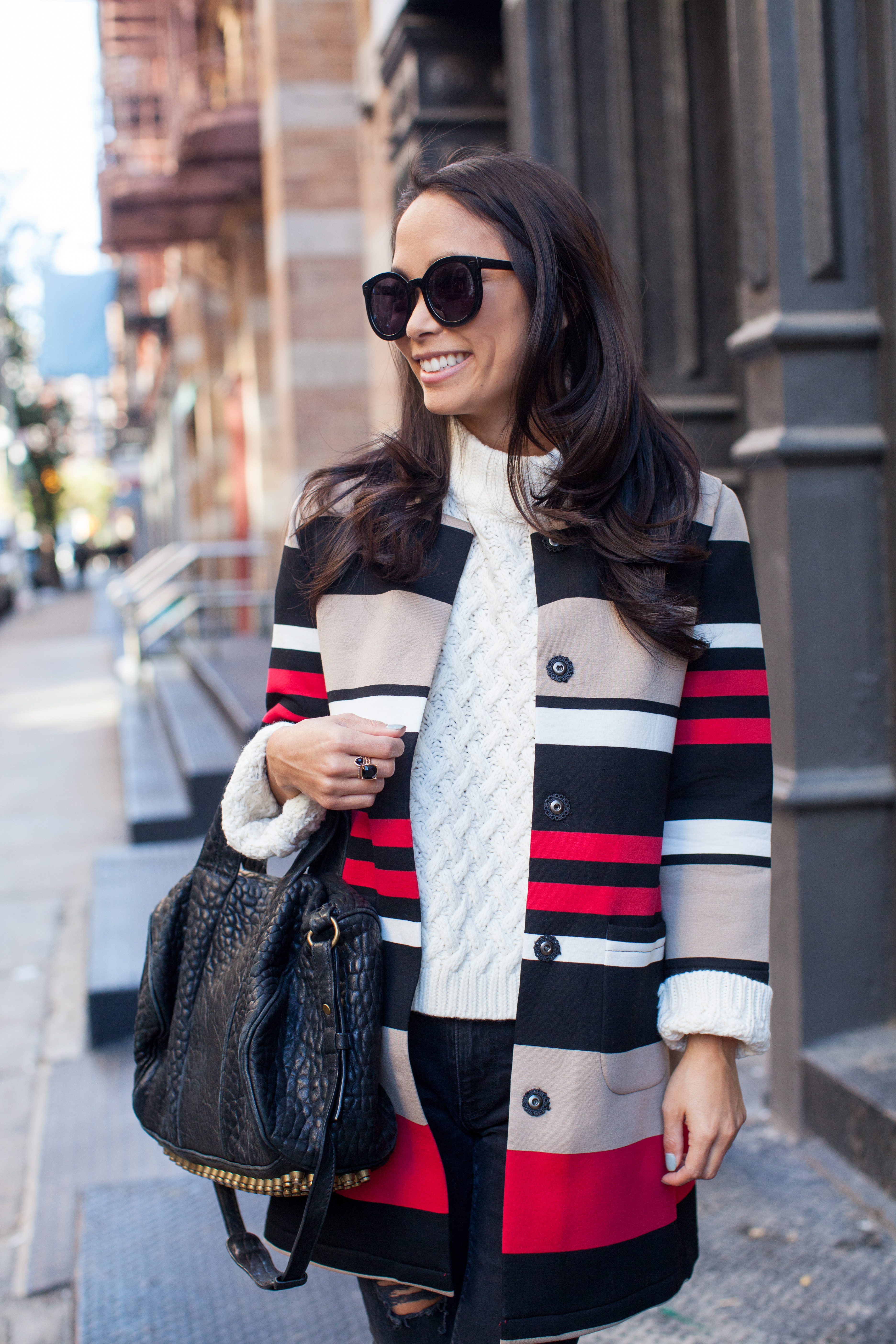 cable knit sweater, chicwish, striped coat, ripped skinny jeans, christine petric, the view from 5 ft. 2