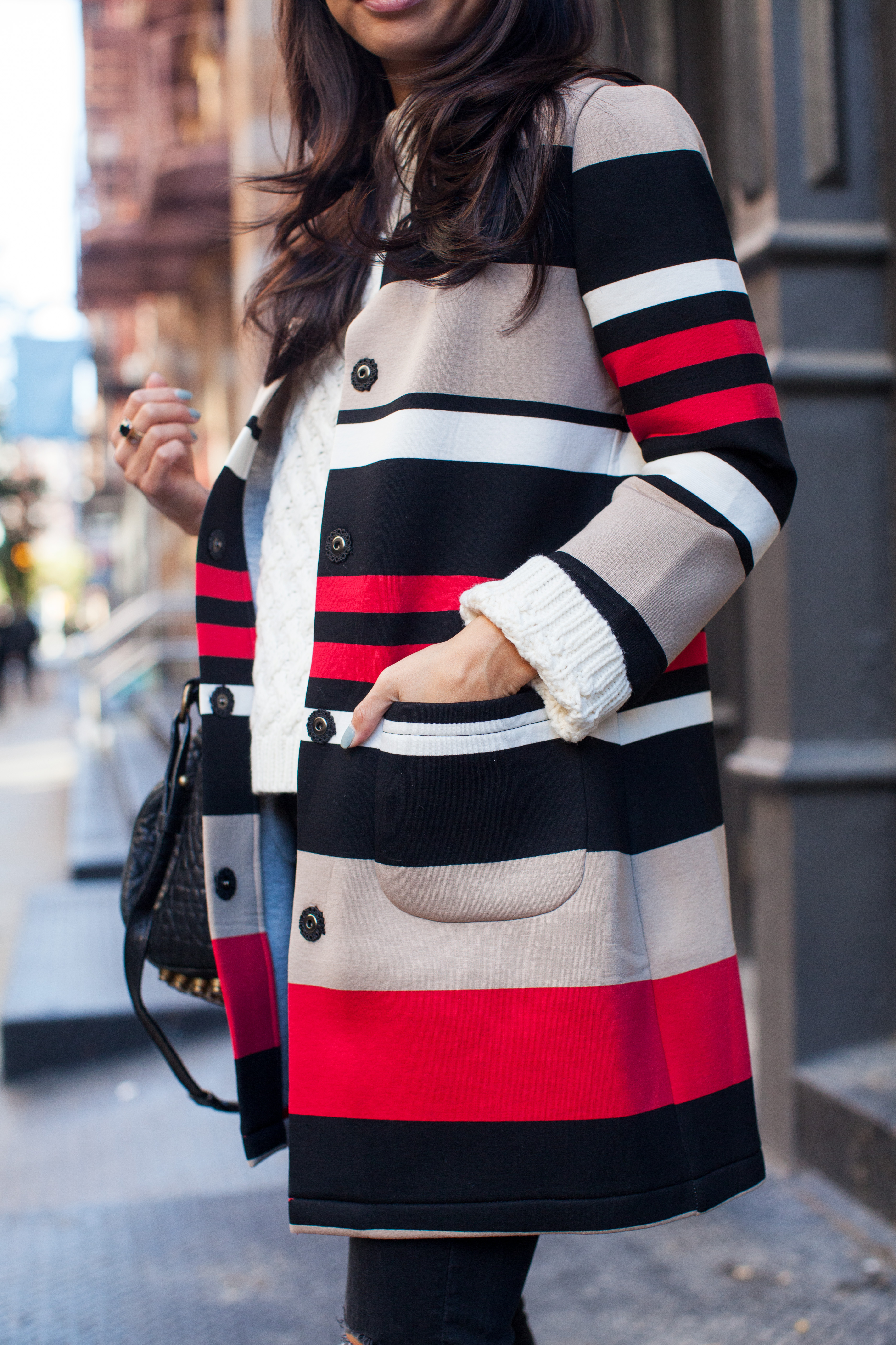 cable knit sweater, chicwish, striped coat, ripped skinny jeans, christine petric, the view from 5 ft. 2